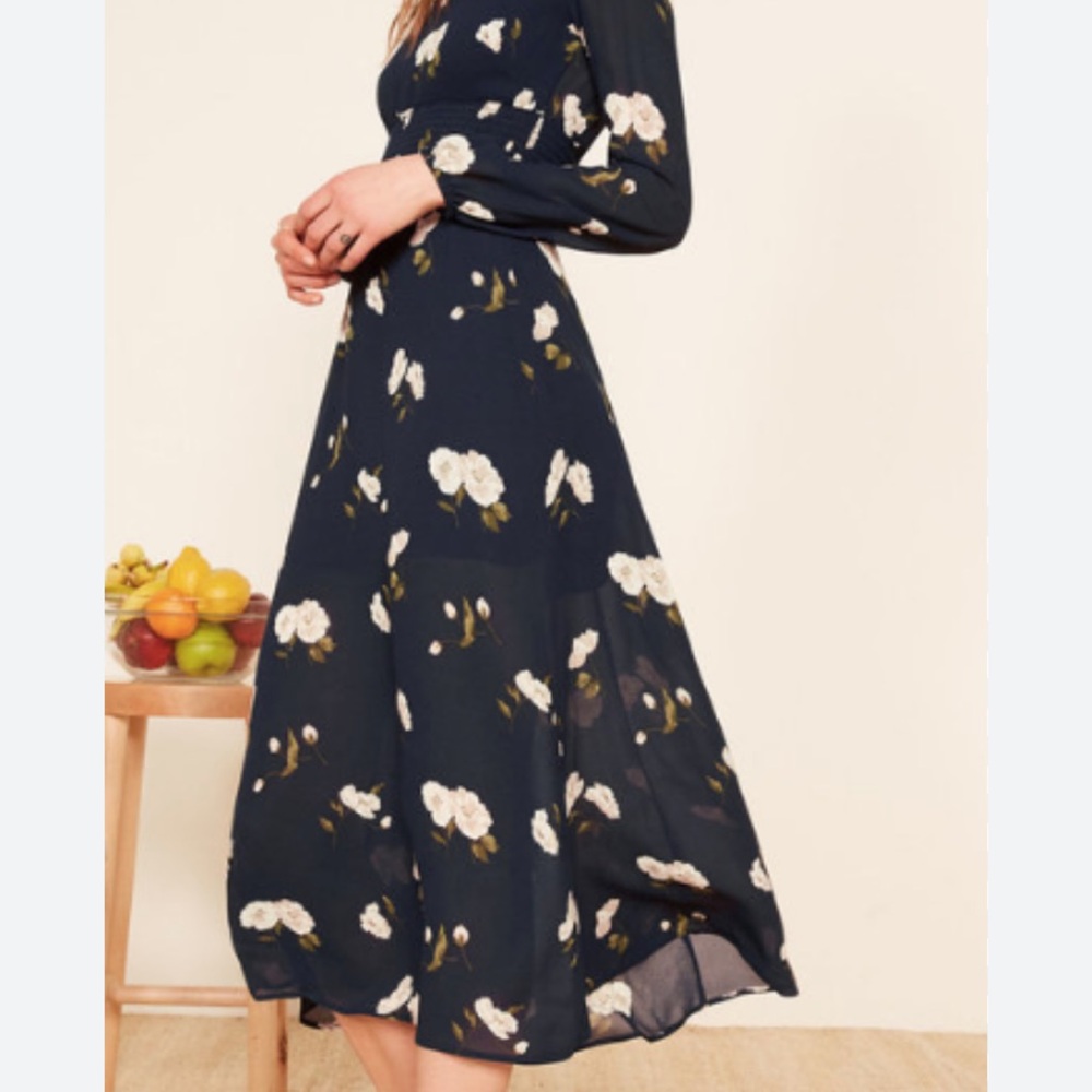 Reformation Navy Floral Long Sleeve Dress.
